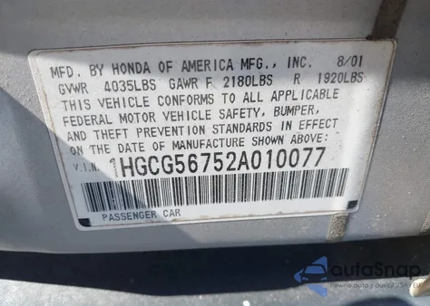 2002 Honda Accord 2.3 Se z USA, uszkodzony, nr VIN 1HGCG56752A010077